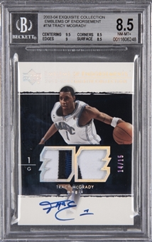 2003-04 UD "Exquisite Collection" Emblems of Endorsement #TM Tracy McGrady Signed Card (#14/15) - BGS NM-MT+ 8.5/BGS 10